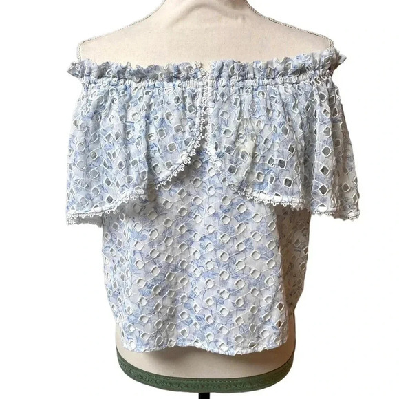 ML Monique Lhuillier Blue White Eyelet Off Shoulder Blouse Size Small - Picture 2 of 16